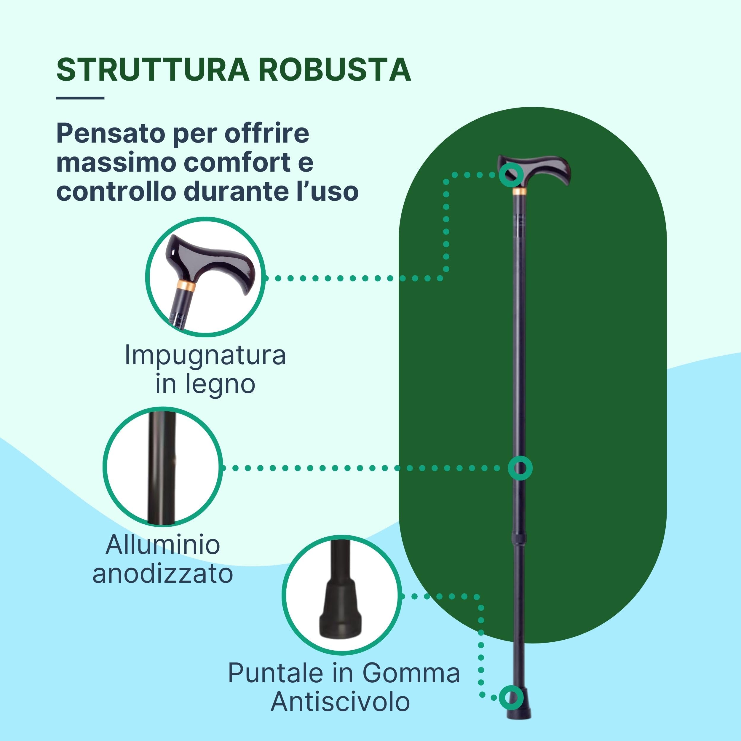 Bastone per Anziani in Alluminio Anodizzato con Impugnatura Anatomica in Legno, Bastone da Passeggio Regolabile H. 79-102 cm - Nero