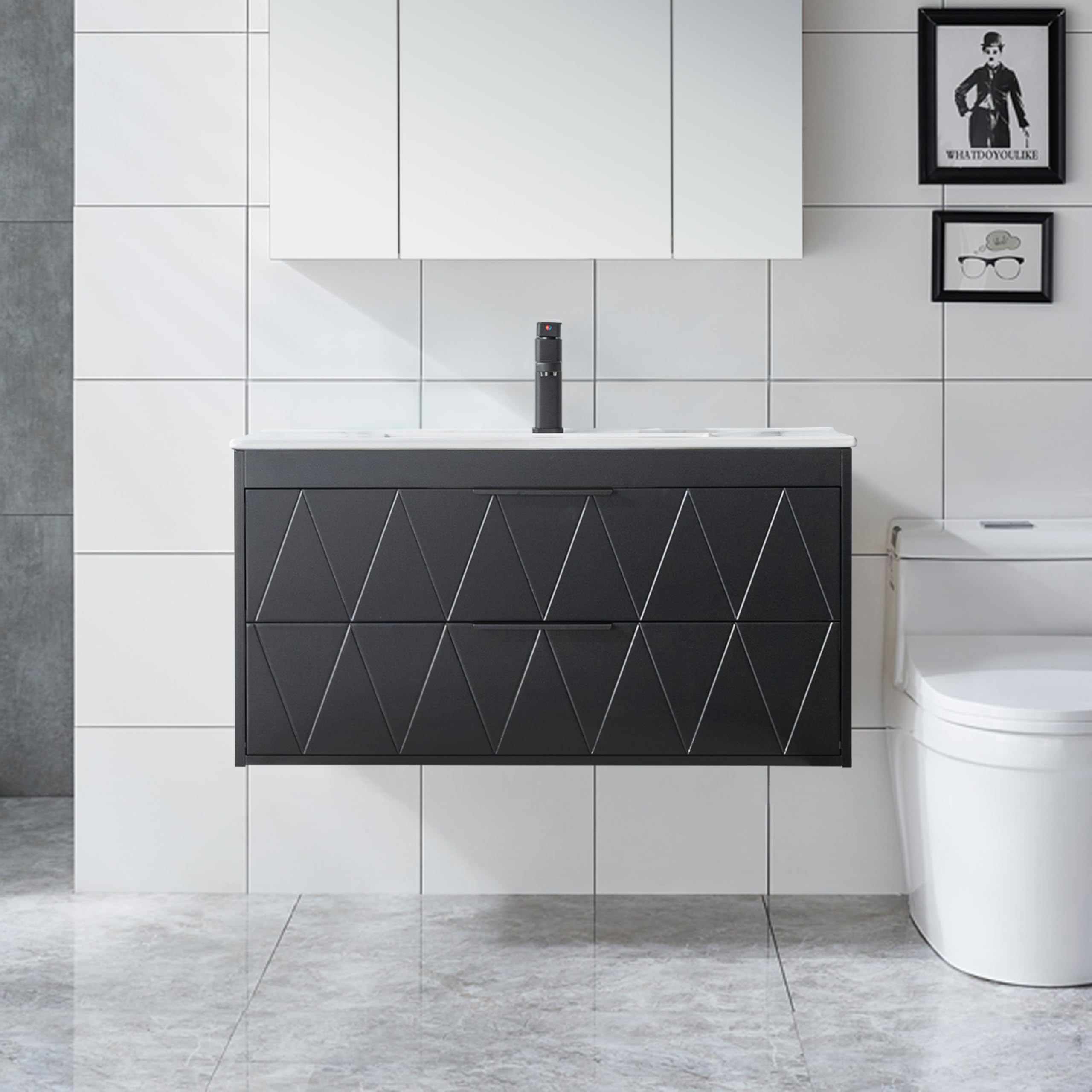 UEV Meuble sous Lavabo Suspendu 90cm, avec 2 Grands Tiroirs, Meuble Salle de Bain, Motif Ligne, Style Scandinave, Noir (Lavabo Non Inclus)