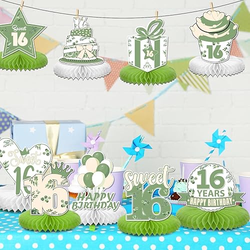 Miniatura 4 de 9 piezas de decoración de fiesta de dulces 16 centros de mesa de panal para niñas, color verde salvia, centros de mesa de feliz cumpleaños de 16