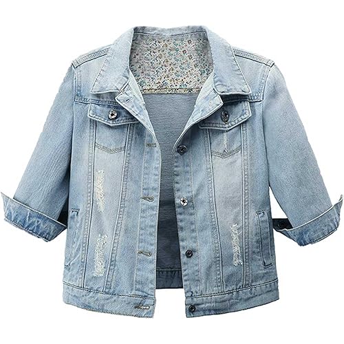 Hixiaohe Women Autumn 3/4 Sleeve Retro Short Denim Jackets Light Blue Jean Coats