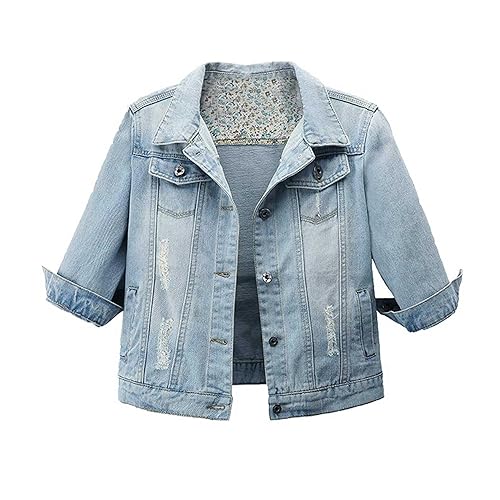 Hixiaohe Women Autumn 3/4 Sleeve Retro Short Denim Jackets Light