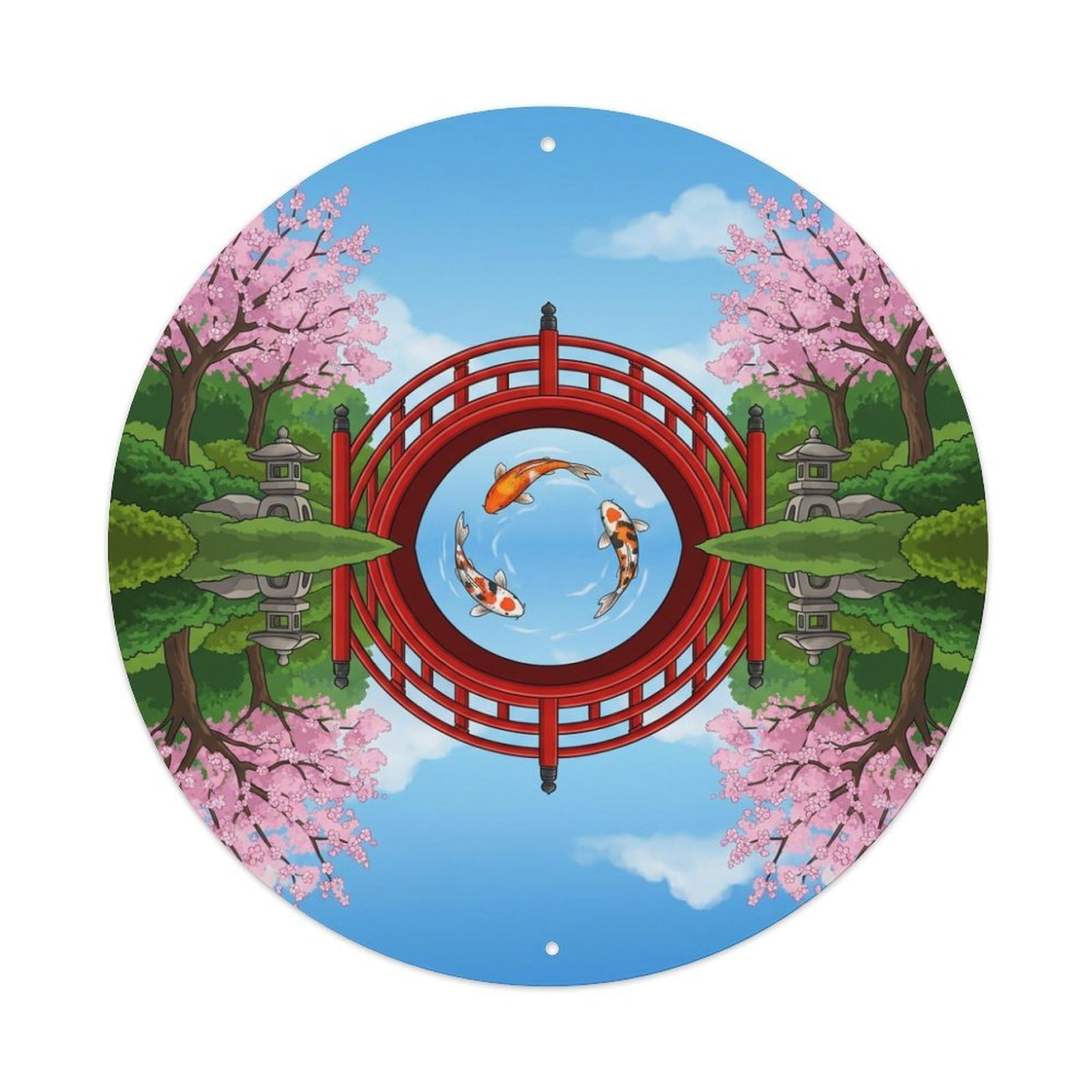 Galvaxio Style Japanese Koi Fish Red Bridge Circle Metal Tin Sign