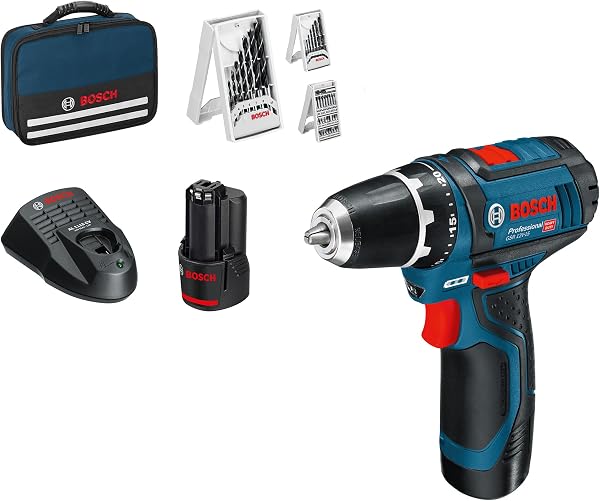 System profesjonalny 12 V firmy Bosch: wiertarko-wkrętarka akumulatorowa GSR 12V-15 (2 akumulatory 2,0 Ah + ładowarka, 39-częściowy zestaw osprzętu, torba) – zestaw Amazon Exclusive