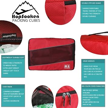5 Set Packing Cubes for Travel Large Suitcase Luggage Organizer Bags Travel Accessories Vacation 4 Cubes 1 Laundry Pouch Bag, Red, L