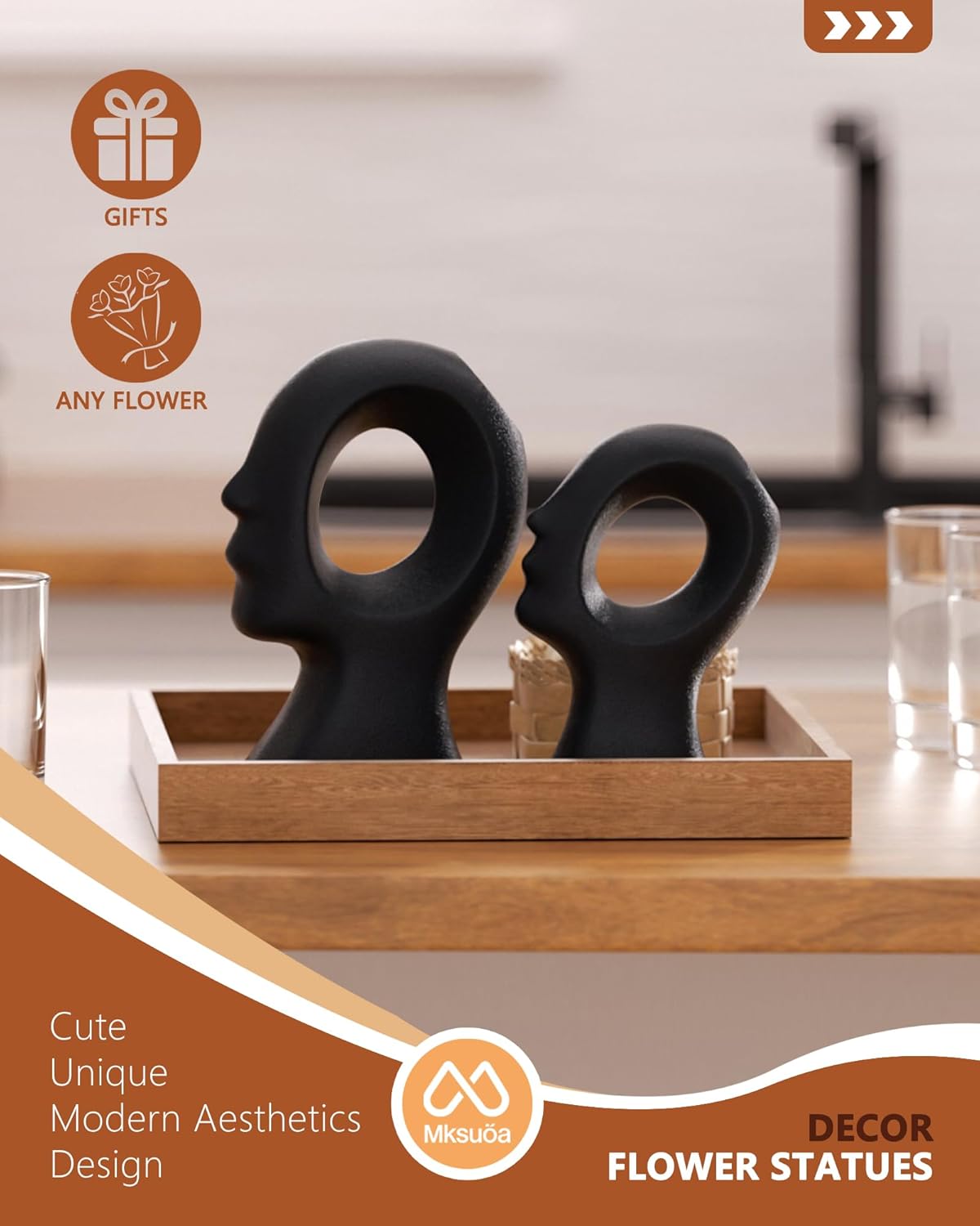 Couple Decorative Statues Set - Boho Style Modern Abstract Sculptures Home Decor, Ceramic Figurines for Living Room Coffee Table, Tv Stand, Mantles, Entryway, Console or Wedding Gifts (Black) - Image 6