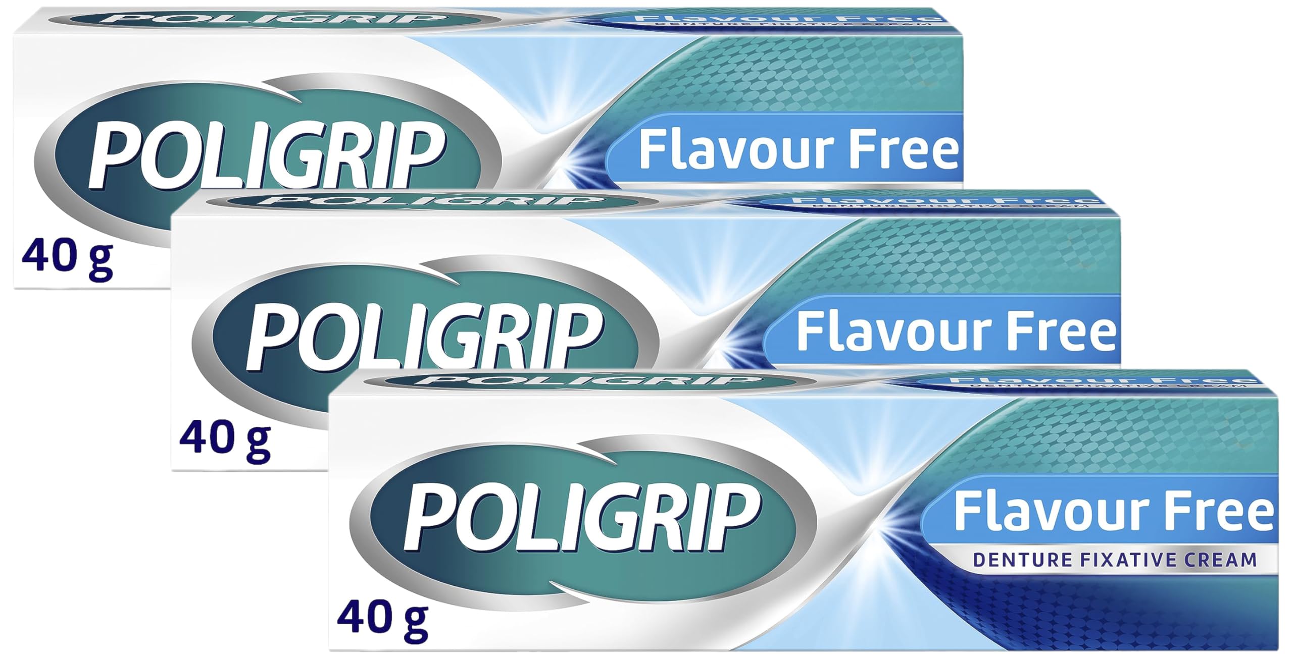 Poligrip Denture Adhesive, Fixative Cream to Secure Dentures, False Teeth & Partials, Flavour Free, 40 g, (Pack of 3)