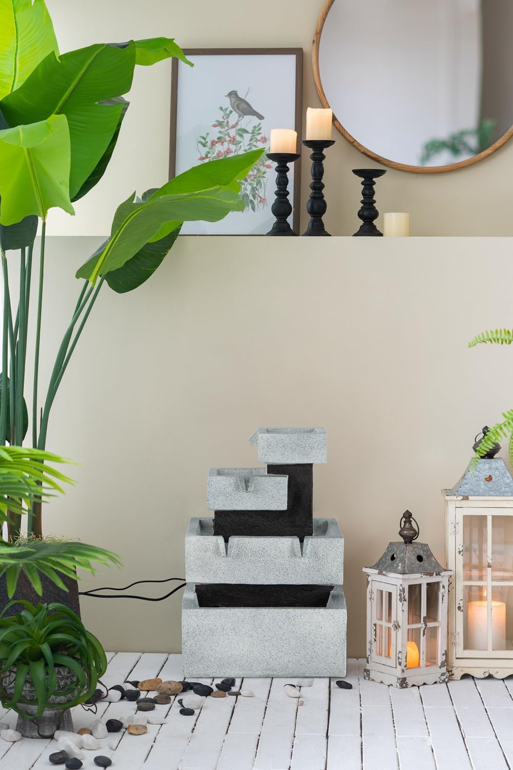A&B Home 4 Tier Gray and Black Block Modern Water Fountain with Light and Pump, Unique Decorative Fountain Indoor Outdoor for House Office Table Garden Patio Yard Entryway