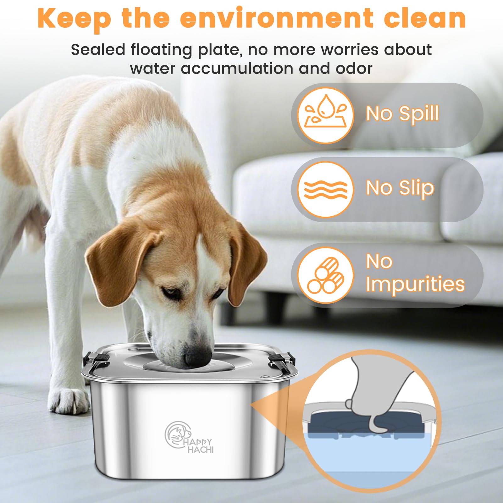 HAPPY HACHI Gamelle Anti Éclaboussures Chien 3L, Gamelle Eau Chien en INOX, Anti Débordement et Anti Renversement, Stable avec Base Antidérapante