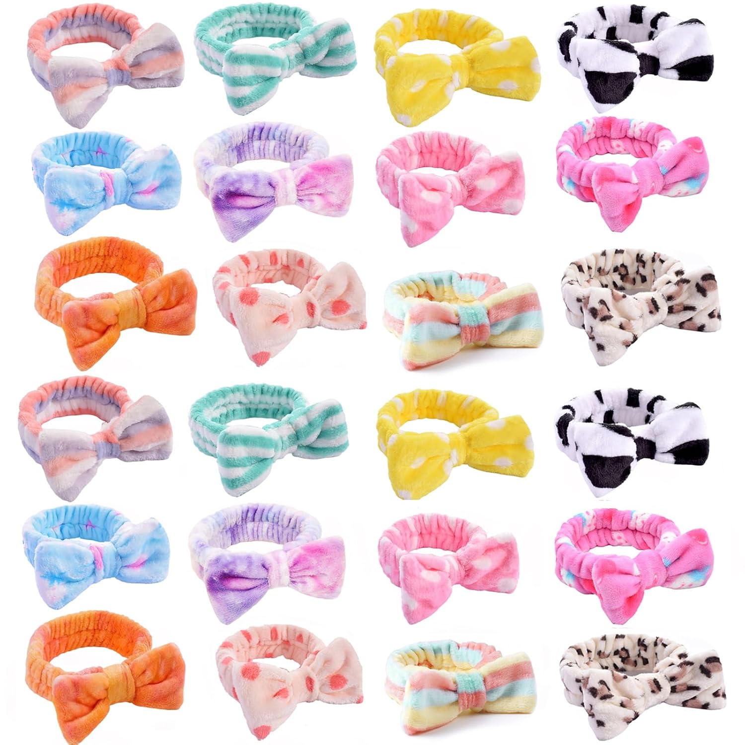 24 Pieces Spa Headband Facial Makeup Bow Hairband Women Face Wash Adjustable Skincare Headbands Bulk Soft Flannel Towel Head Wraps for Women Washing Face Shower