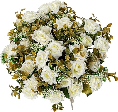 Miniatura 3 de Flores artificiales, 5 racimos, 12 rosas pequeñas de seda falsa, arreglo de flores de plástico para ramos de boda, decoración del hogar, centros de
