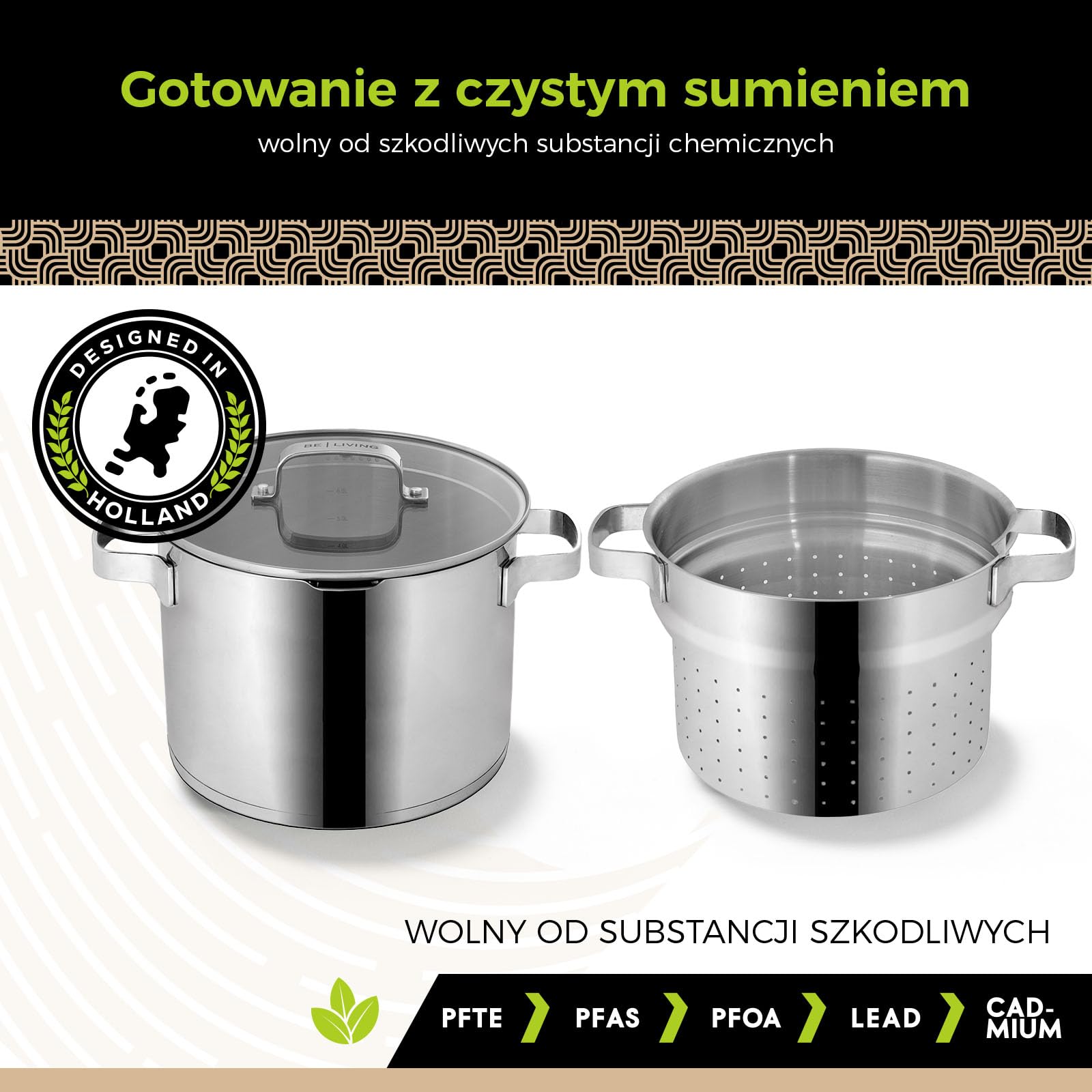 Be Living 3-częściowy garnek do makaronu – Ø 24 cm (7,5 l), duży garnek do gotowania makaronu ze stali nierdzewnej z sitkiem, indukcyjny garnek do spaghetti ze szklaną pokrywką, seria Vita