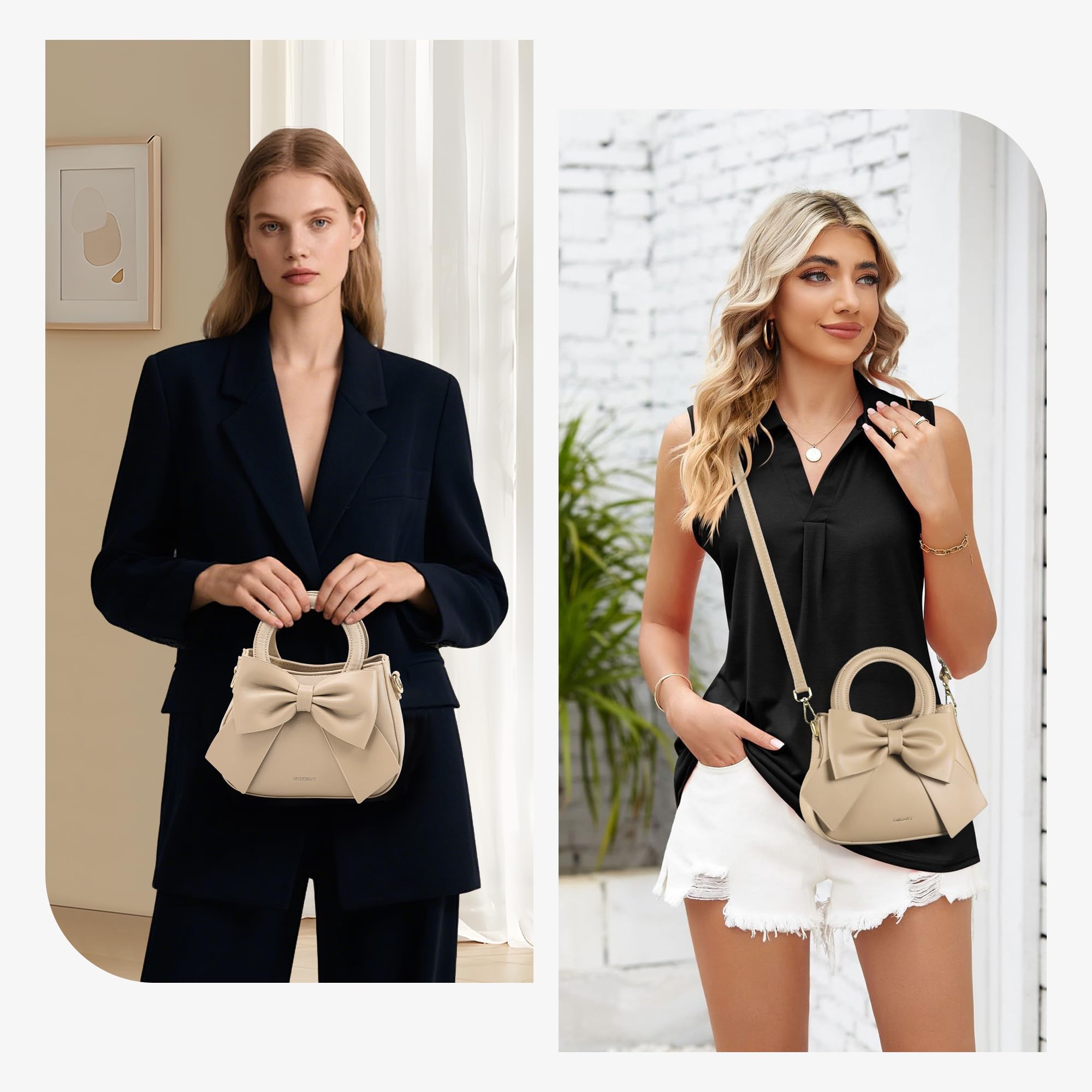 Monederos pequeños para mujer, bolsos cruzados de cuero vegano con asa de transporte superior y bonito lazo (caqui), Caqui