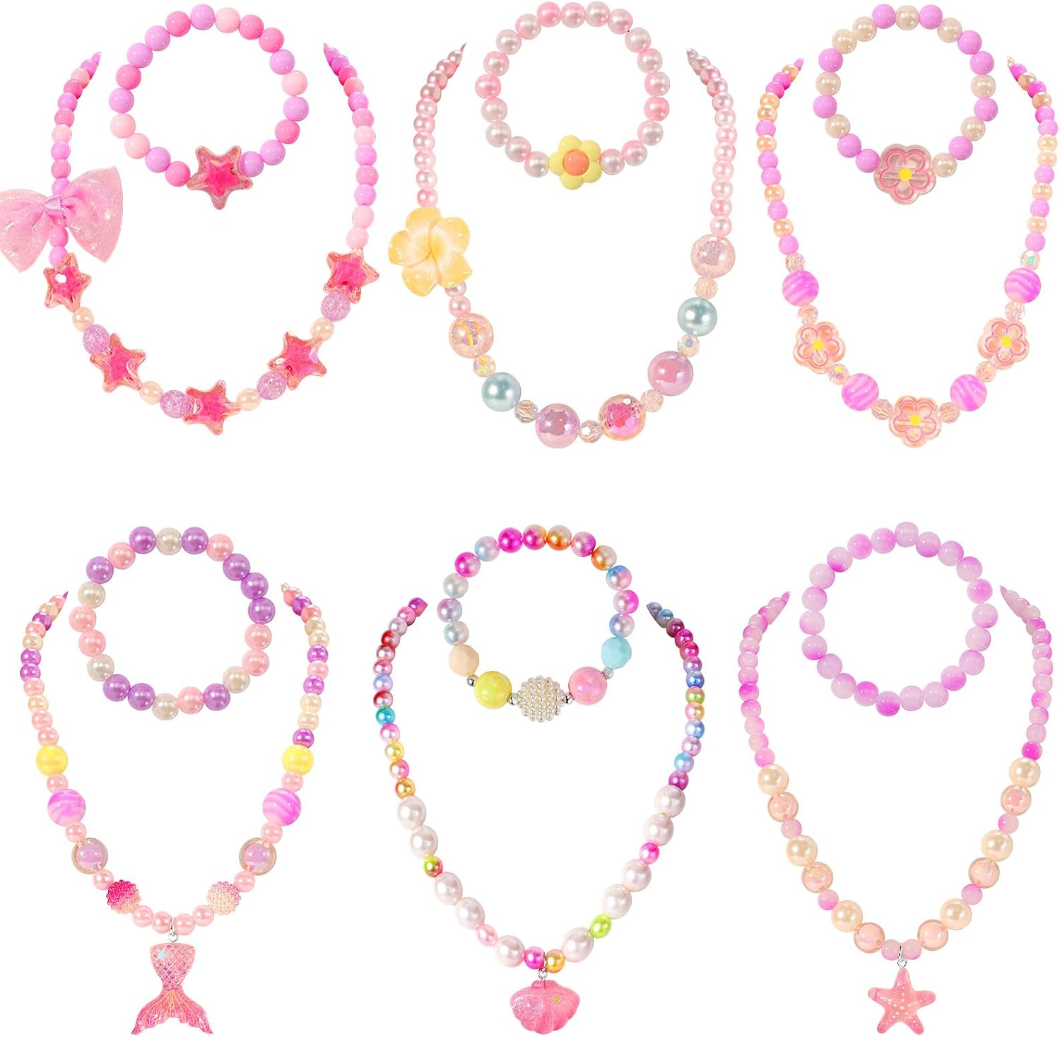 PinkSheep Kids Classic Jewelry, 6 Set Beaded Necklace and Bracelet for Girl | Favors Bags for Toddler Girls Jewelry, Birthday Christmas Gift
