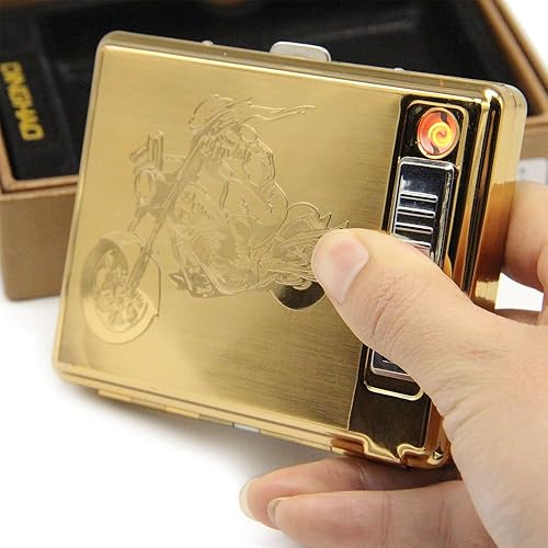 Miniatura 1 de Caja de cigarrillos de metal dorado con encendedor electrónico USB recargable Hold 20 piezas cigarrillos