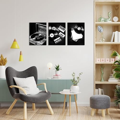 Miniatura 5 de Canvbay 3 Pieces Black and White Music Vinyl Record Canvas Wall Art Retro Record Player Cassette Picture Print for Home Studio Office Decor