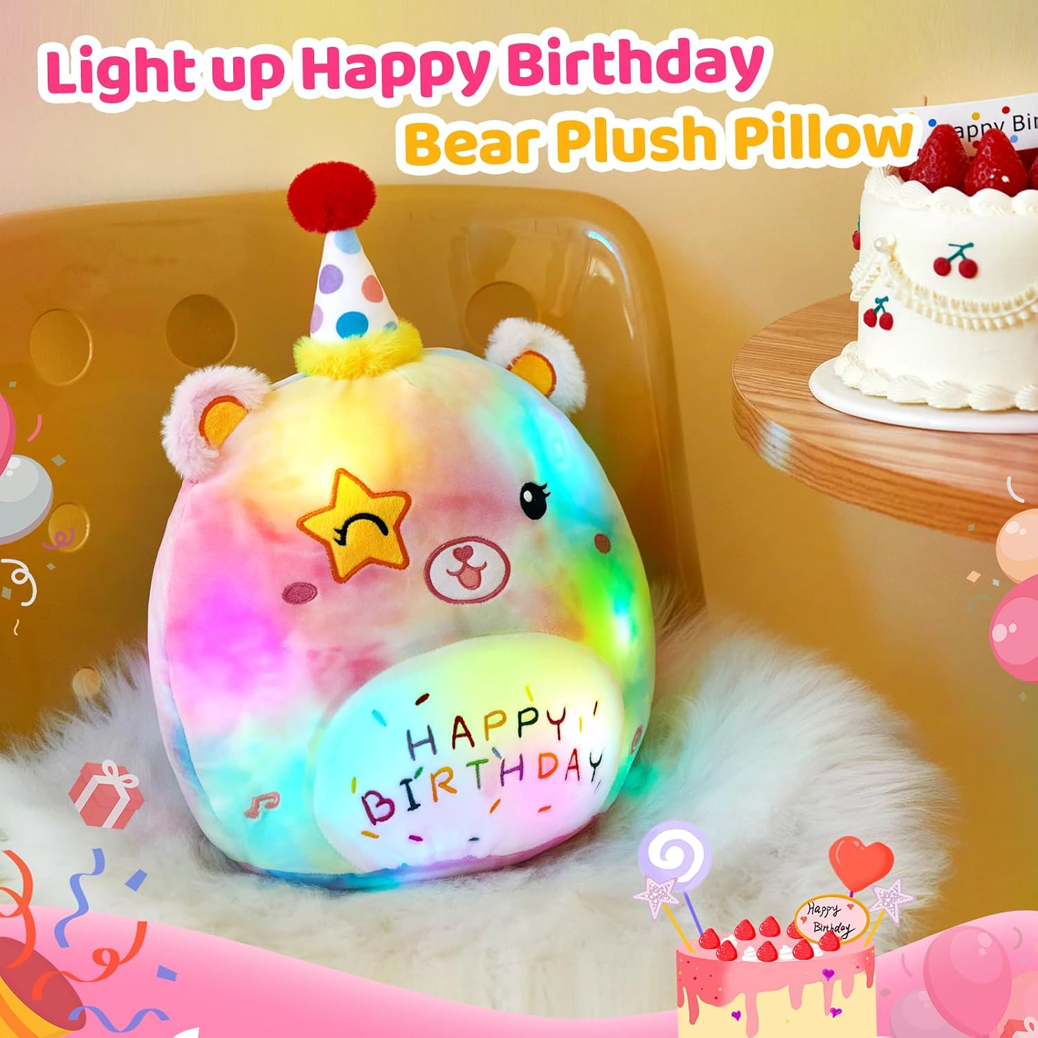 14" Happy Birthday Light up Musical Bear Plush Pillow Cute Rainbow Stuffed Animal Soft Kawaii Birthday Plushie Star Wink Funny Pillows Home Room Decoration Gifts for Toddlers Kids Girls