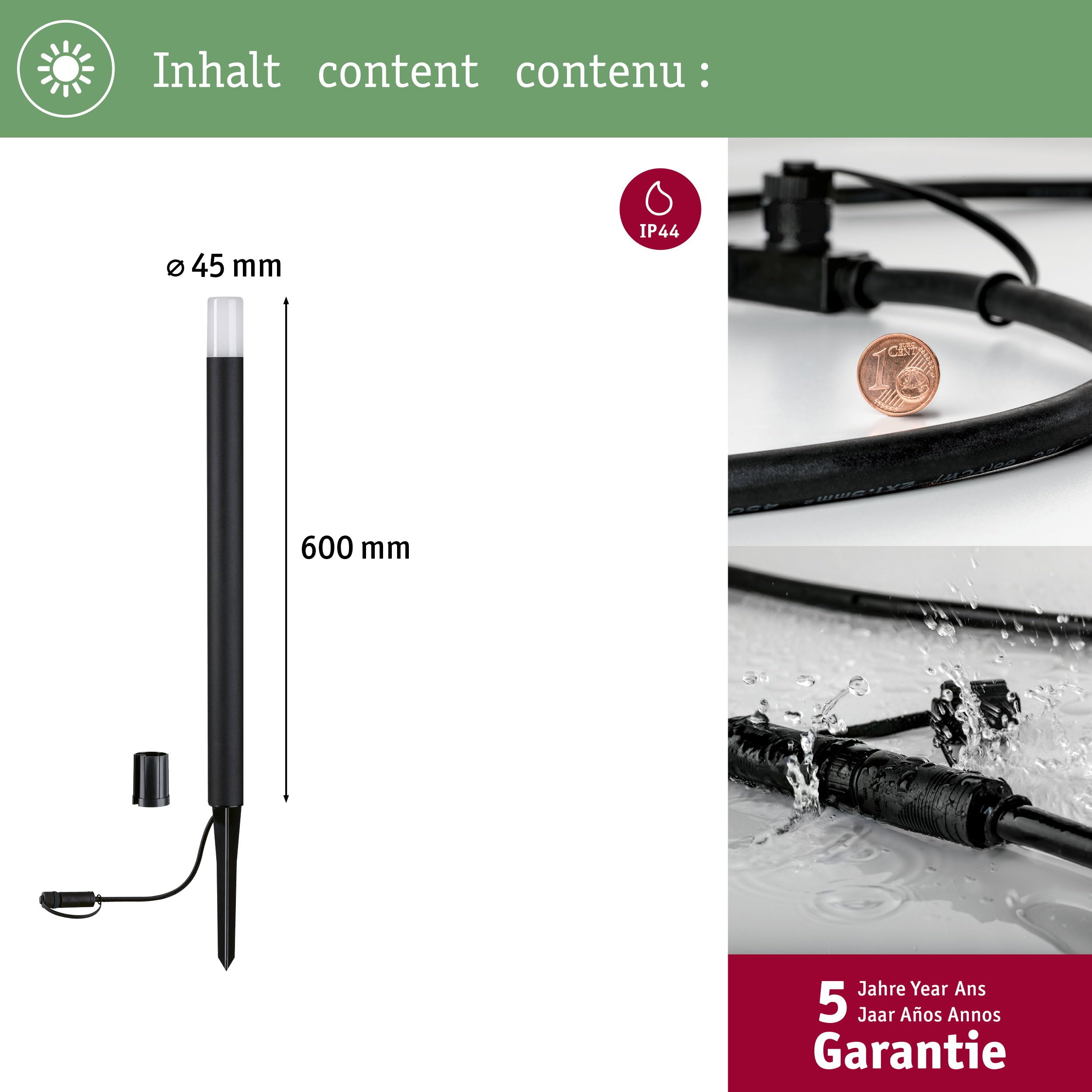 Paulmann 94537 Plug & Shine LED oprawa zewnętrzna, słupek Flarea IP65 600mm ciepłobiały, w zest. 1x3,6 Watt ściemn. czarny, metal 3000 K