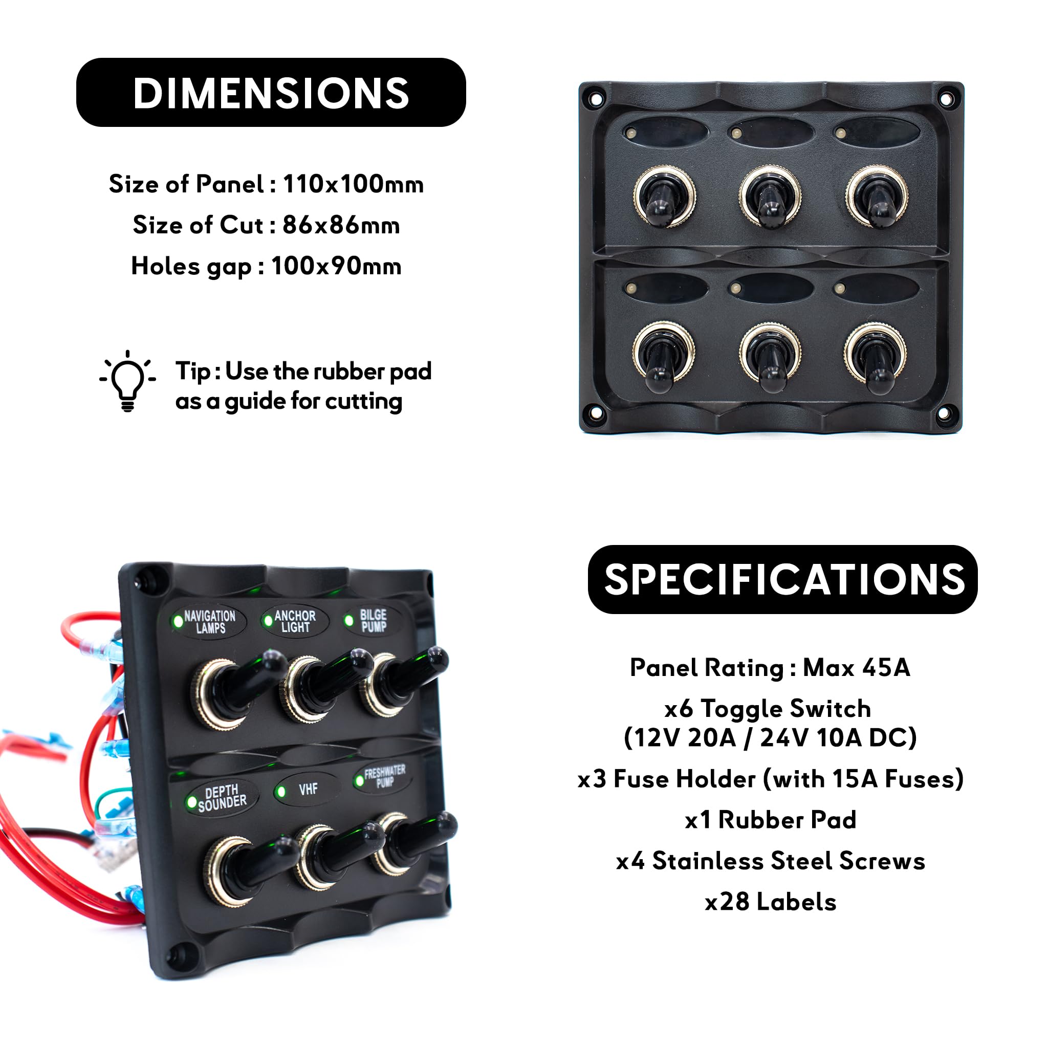 Panel de interruptor de 6 vías basculante con indicador LED impermeable IP66 12/24V Bi-color para barco, furgonetas, camping-Car (TSP6W)