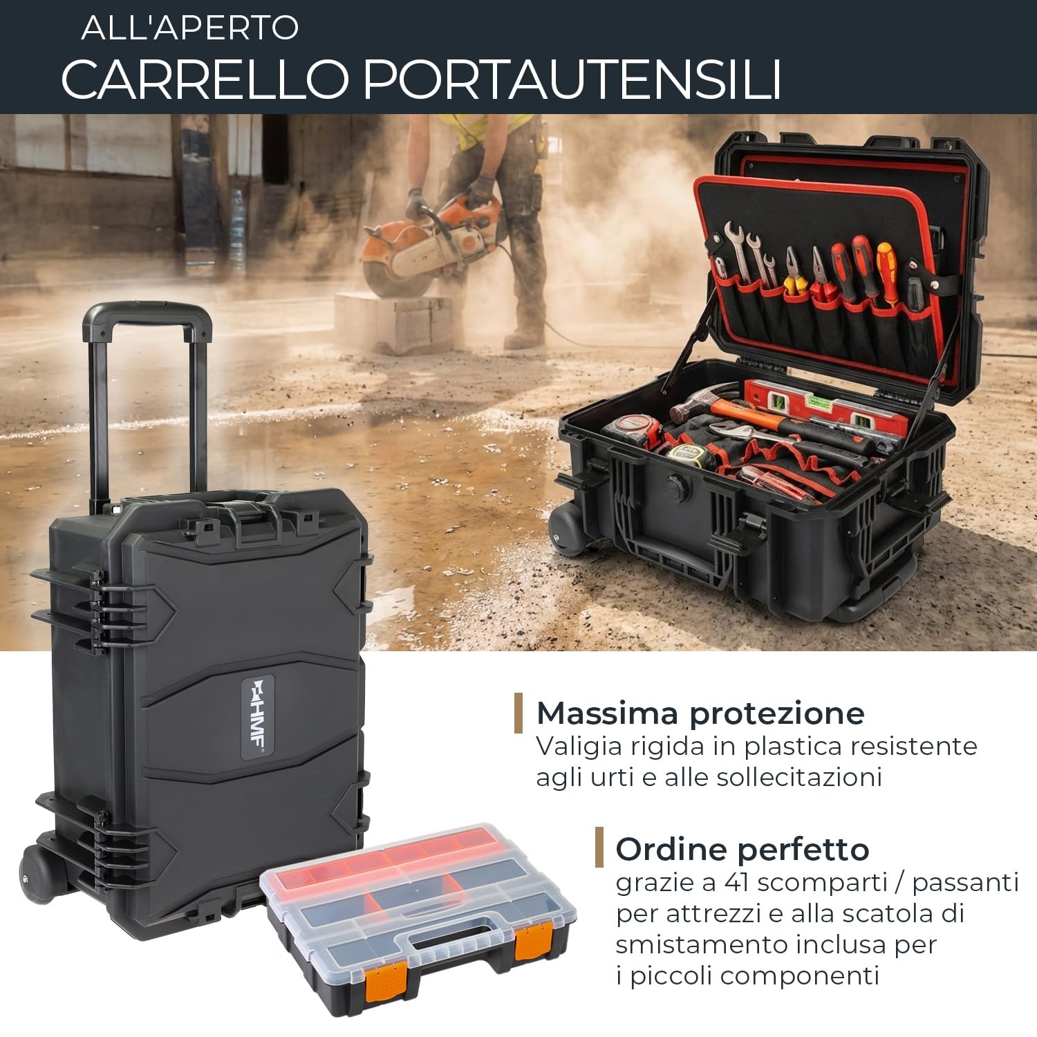 HMF 15604-02 Carrello Porta utensili da esterno vuota, cassetta per attrezzi grande | 46,5 x 36 x 22,5 cm