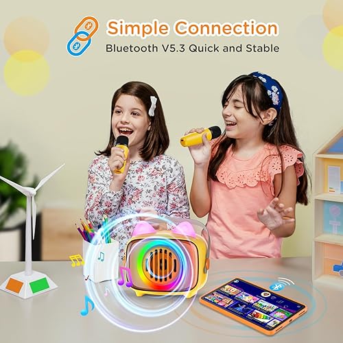 Miniatura 5 de BIGASUO Máquina de karaoke para niños, altavoz Bluetooth portátil con 2 micrófonos inalámbricos, regalo de juguete musical para niñas y niños de 4 a