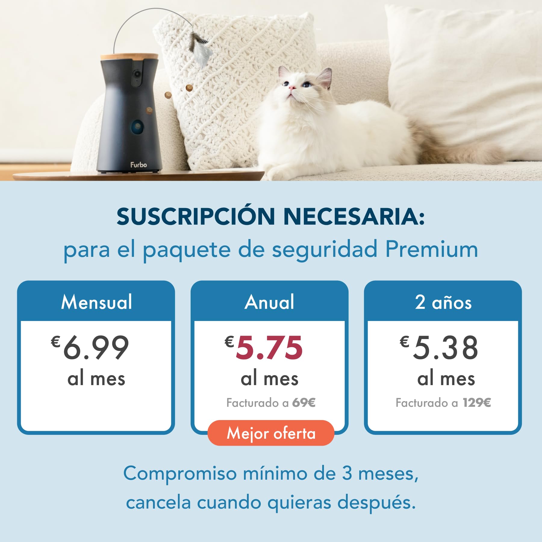 Furbo Cámara para Gatos 360° & App [Suscripción Necesaria para Activar] | Cámara para Gatos 1080p con Visión Nocturna a Color, Audio Bidireccional y Alerta de Maullidos – Lanza Premios desde el Móvil