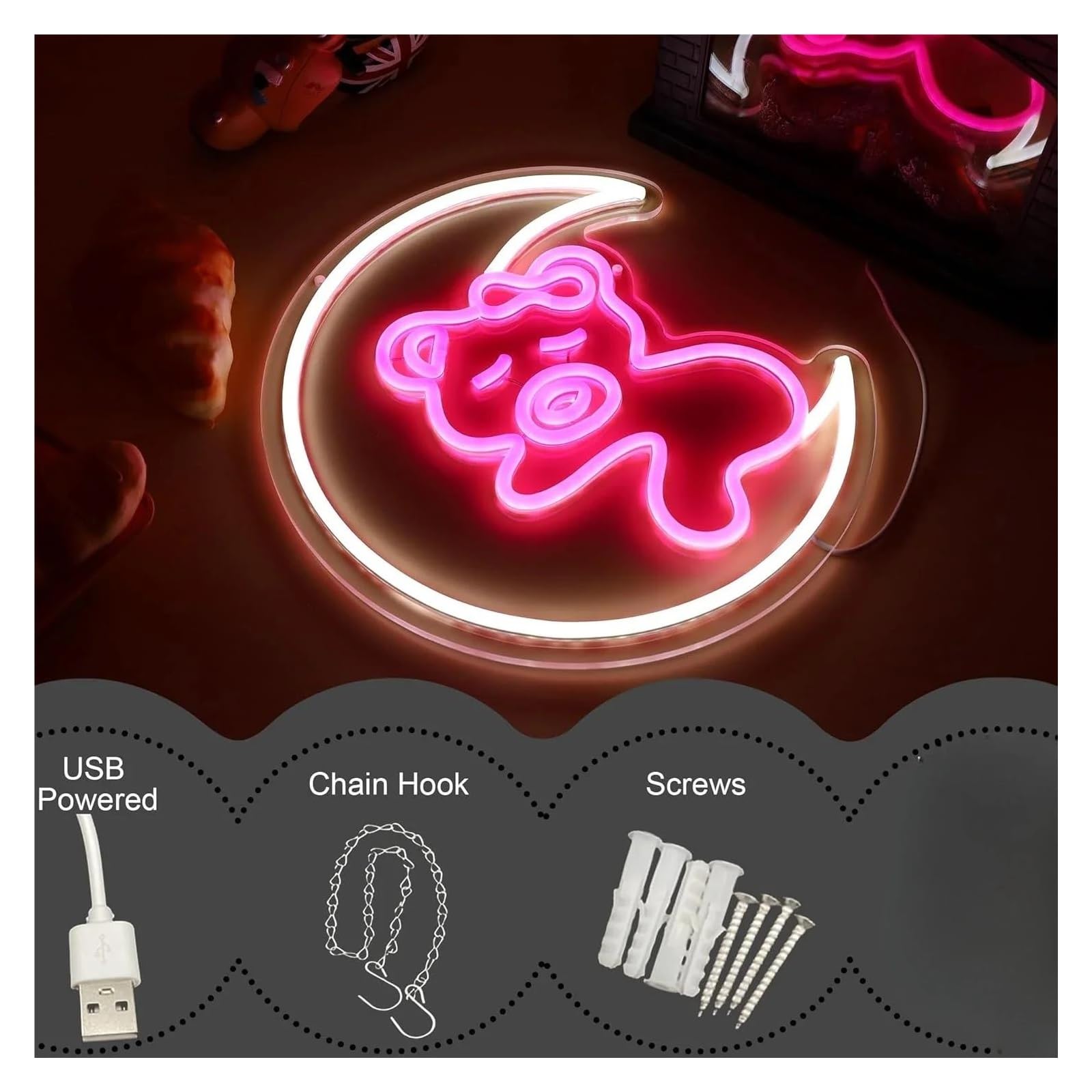 Luz de Diseño de Digital Letrero De Neón Con Oso Iluminado En La Luna Para Dormitorio, Cueva De Hombre, Bar, Fiesta, Decoración De Pared 32,5CmX32,5Cm