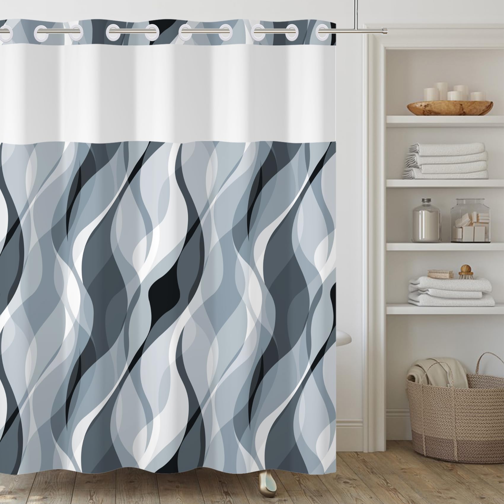 Yanutan No Hook Shower Curtain,Dusty Blue Modern Double-Layered Shower Curtain with Snap-in Liner and Weights,Striped Blue Fabric Bath Curtain with See Through Mesh, 71x74in