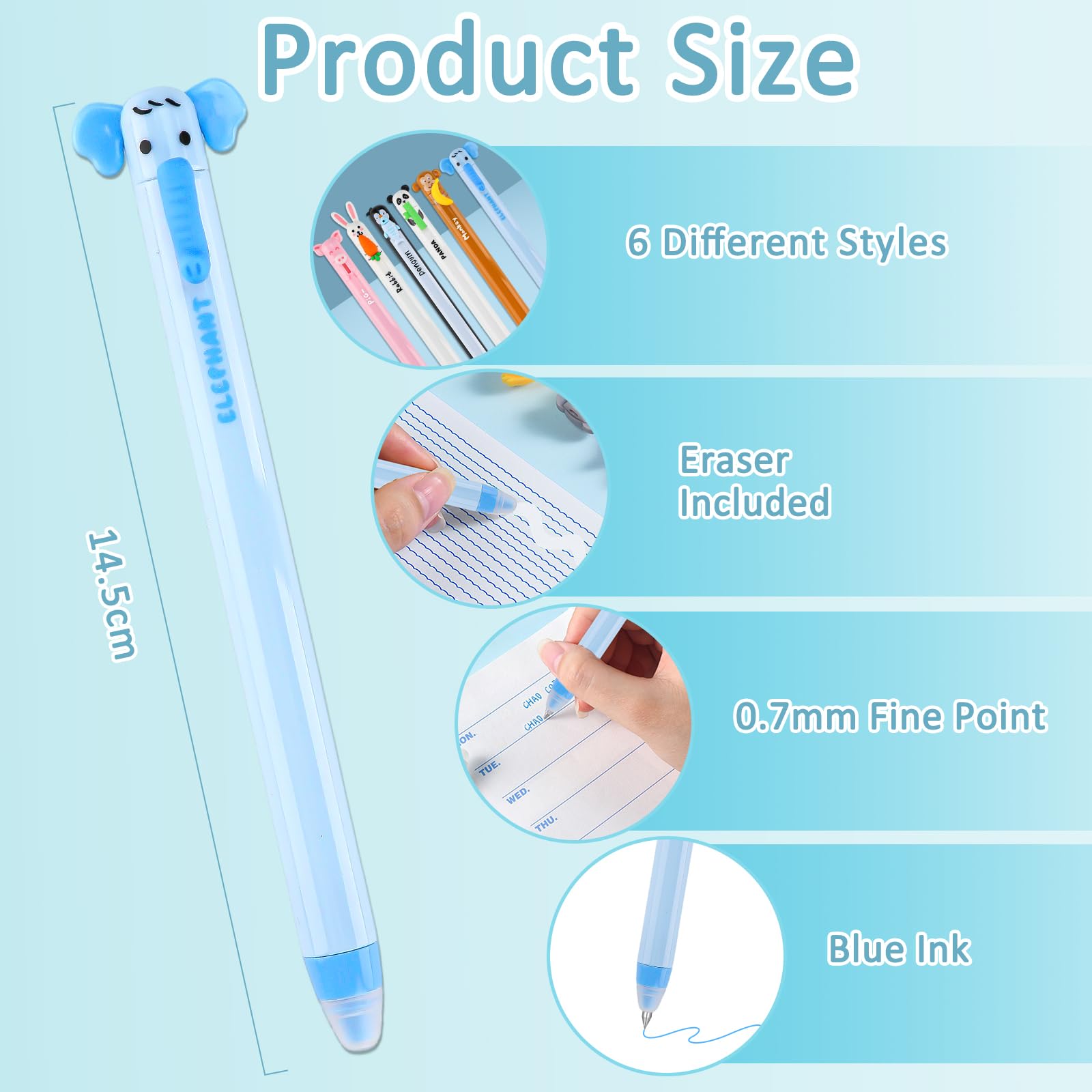 Set di 6 penne gel cancellabili, 0,7 mm, blu, motivo animale, con gomma integrata, inchiostro sensibile al calore, adatto come regalo per Pasqua, inizio della scuola