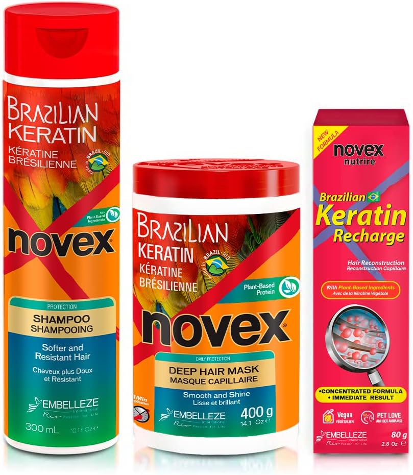 Novex Brazilian Keratin Hair Treatment Recharge Bundle - Reconstructive Keratin for Frizz control & Damage Repair - Smooths and Straightens Hair - Ultra Concentrated Formula for Daily Care - Unisex