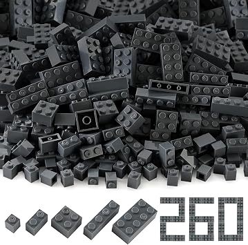 260 Pieces Dark Bluish Gray Bulk Bricks Basic Creative Building Play Blocks Set Parts Toy Accessories Compatible with Major Brick Brand Grey