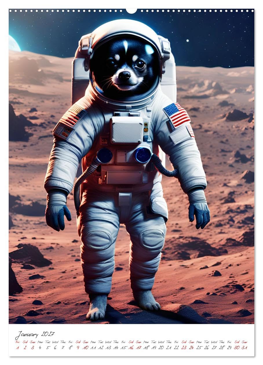 Chihuahua Adventure in Space (High Quality Premium Wall Calendar 2027 DIN A2 portrait),CALVENDO 12 Month Wall Calendar: Cute AI Chihuahua astronaut explores space