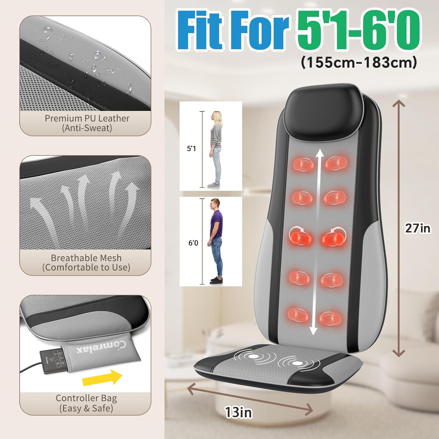 Shiatsu Back Massager with Heat, Massager Chair Pad for Pain Relief Deep Tissue with Smart Timer, Kneading Seat Cushion Vibration for Office, Home, and Travel Use - Image 6