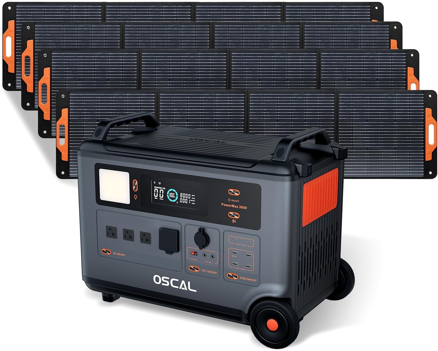 OSCAL PowerMax 3600 Portable Power Station with four solar panels