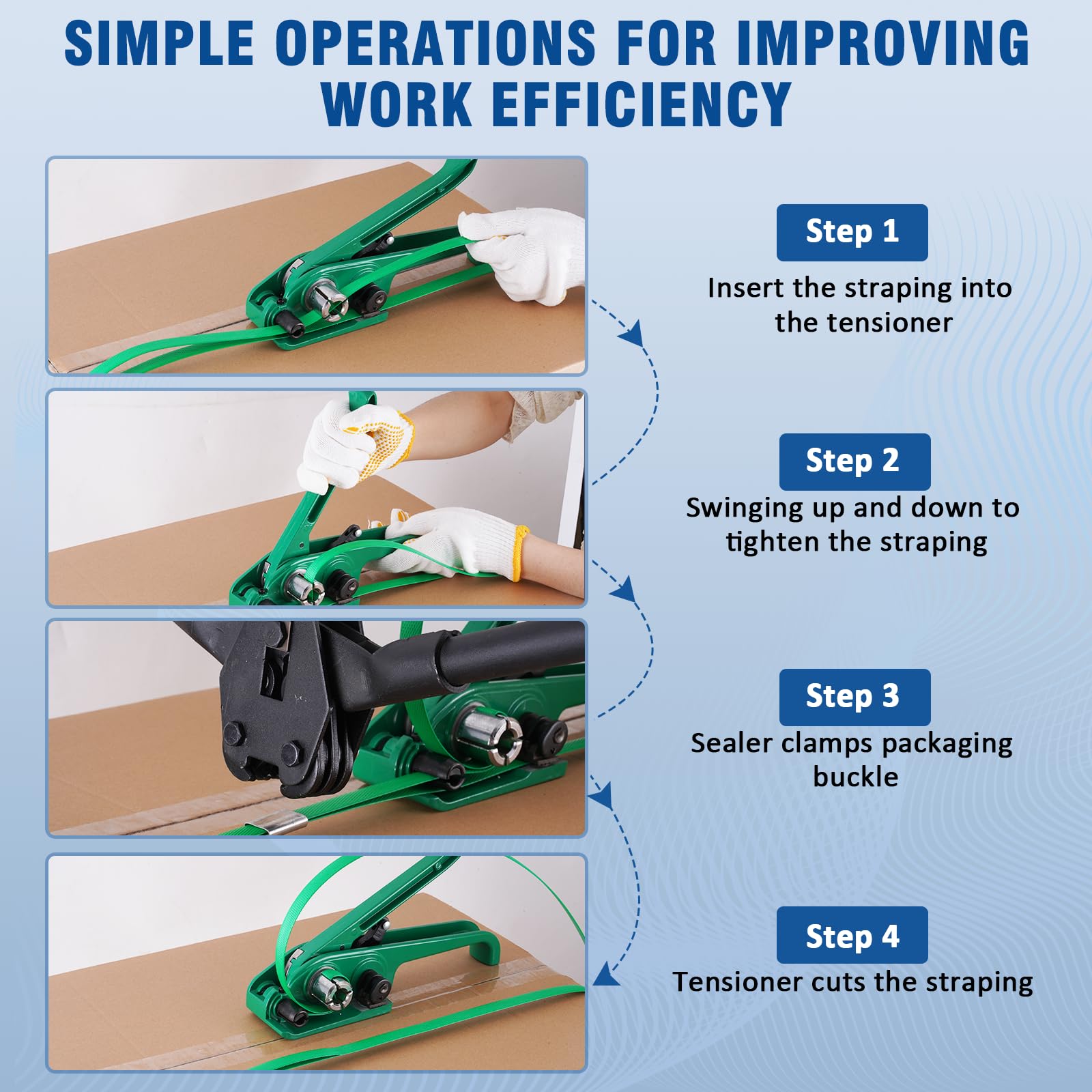 BAOSHISHAN Set di reggiatura manuale per impacchettamento per pallet resistente (1 tenditore, 1 sigillante, reggiatura in PET/poliestere da 200 metri, 100 fibbie, 20 angoli di imballaggio, 1 guanti)