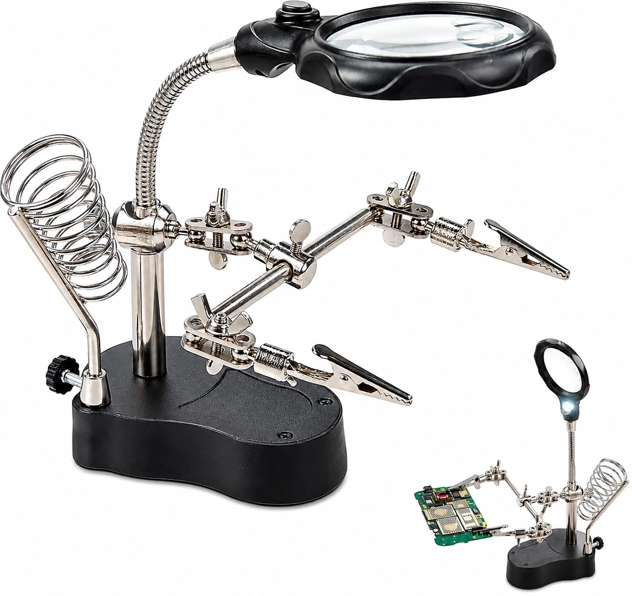 Inditrust Helping Hand Magnifier Soldering Stand with Dual LED Lights, 3.5X & 12X Magnifying Glass, Adjustable Alligator Clips & Soldering Iron Holder for PCB Repair, Electronics, DIY Soldering Work-image-7