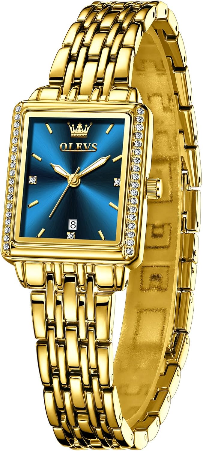 OLEVS Women's Gold Stainless Steel Watch, Small Square Face Diamond Decorated Ladies Watch, Luxury Analog Quartz Women Dress Watch, Fashion Calendar Date Waterproof Wrist Watch for Women - Image 8