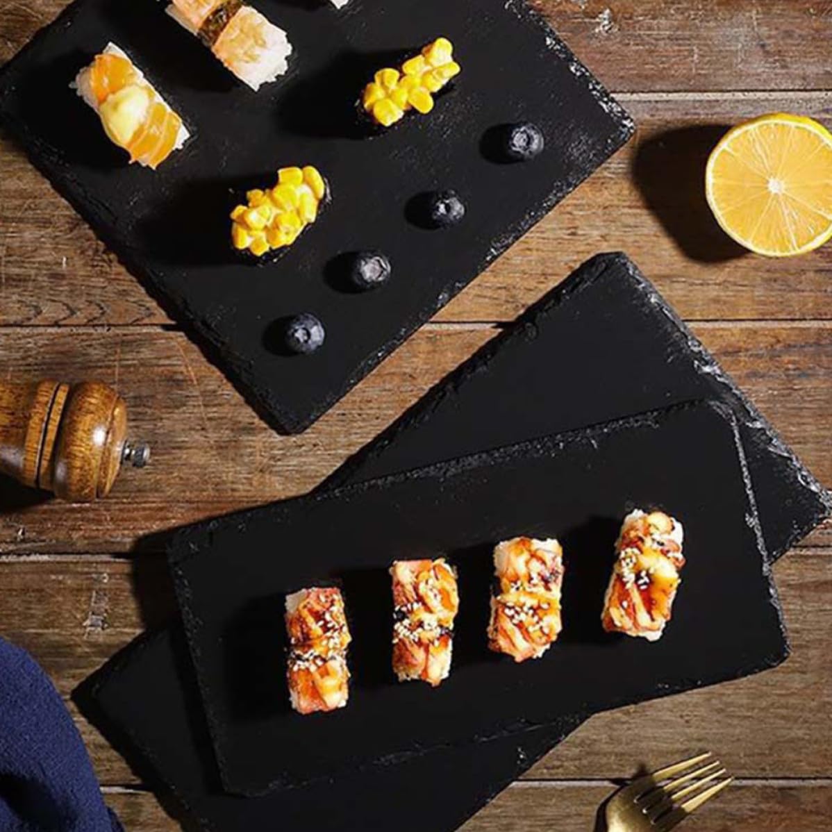 INOOMP Rectangulaire Assiette de Sushis en Ardoise Naturelle 4 Pièces