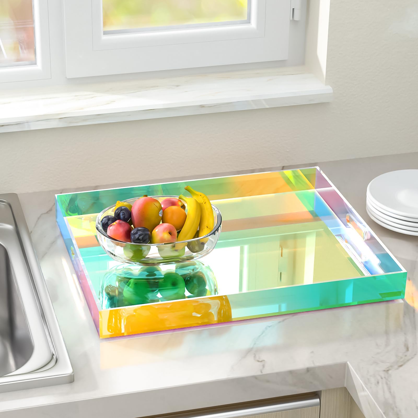 NiHome Bandeja acrílica iridiscente de 20 x 16 pulgadas para organizar y servir, material duradero y fácil de limpiar con diseño reflectante de luz, asas ergonómicas fáciles de llevar, estabilidad