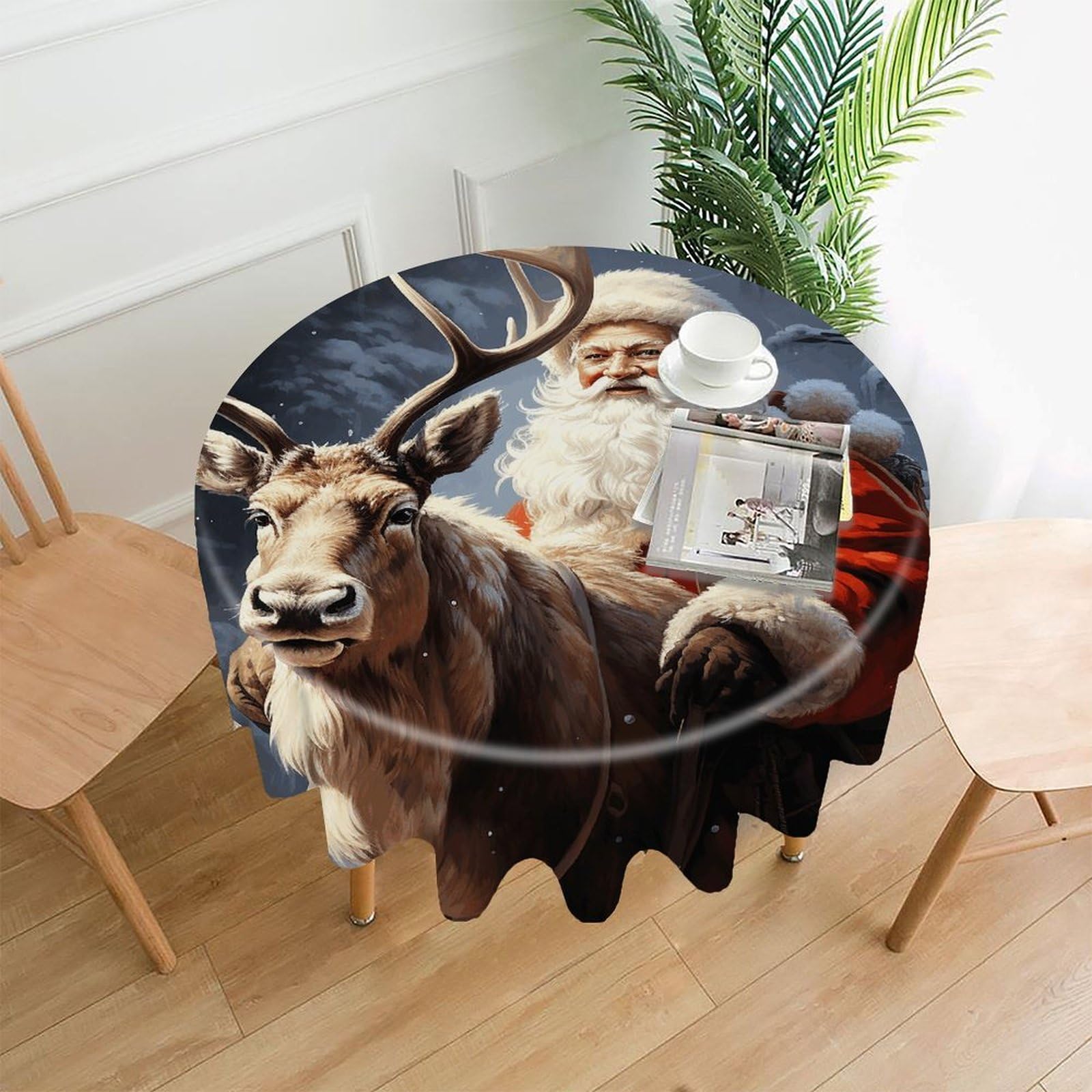 FodPand Santa Claus and Deer Elk Round Tablecloth - 60 Inch Premium Polyester Table Cloth, Fashion Wrinkle Resistant Decorative Table Cover for Dining Kitchen Party Buffet Tables