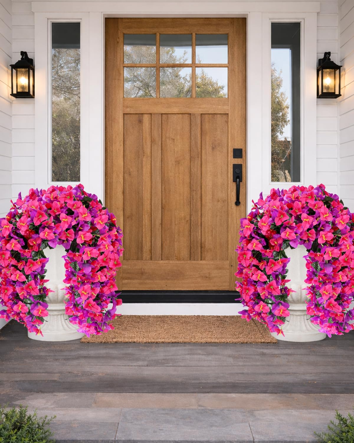 Artificial Flowers for Outdoors – 4 Bundles of UV-Resistant Artificial Bougainvillea, Realistic Silk Flowers for Front Porch, Patio, Garden, Window Boxes & Hanging Baskets (Purple& Hot Pink, 4)