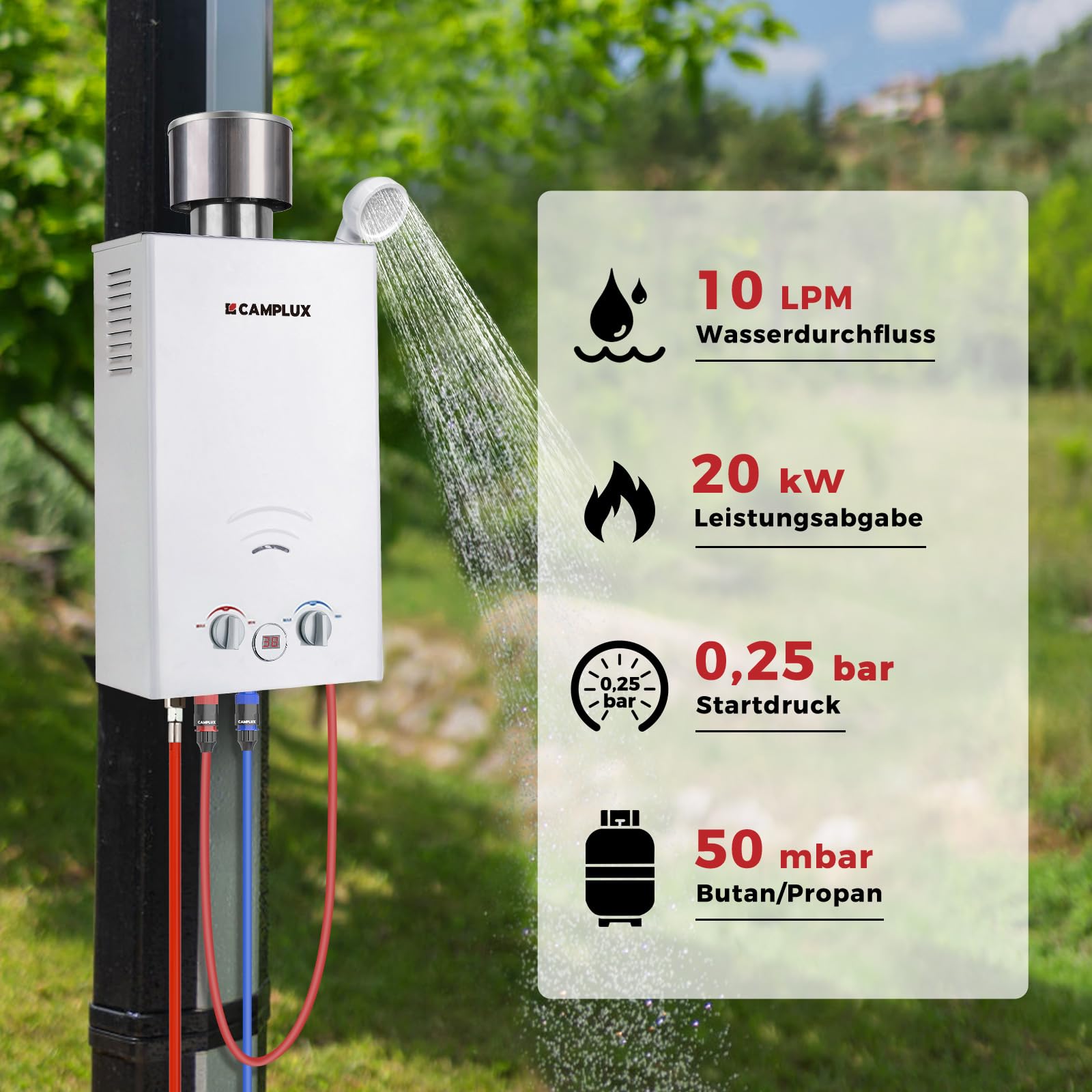 CAMPLUX BW264C-DE 10 Liter Gasdurchlauferhitzer mit Regenkappe, 50mbar Tankless Outdoor-Instant-Gasdusche für Pferd Waschen Camping RV Reise