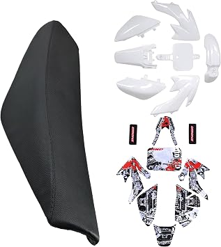 CRF50 Plastic Kit XR50 Plastic Fairing Fender Kit and Graphics Decals and Black Tall Seat- Motorcycle Fairing Body Work Kit for CRF 50 XR 50 SDG SSR 107 110 125 Pit Dirt Bike White