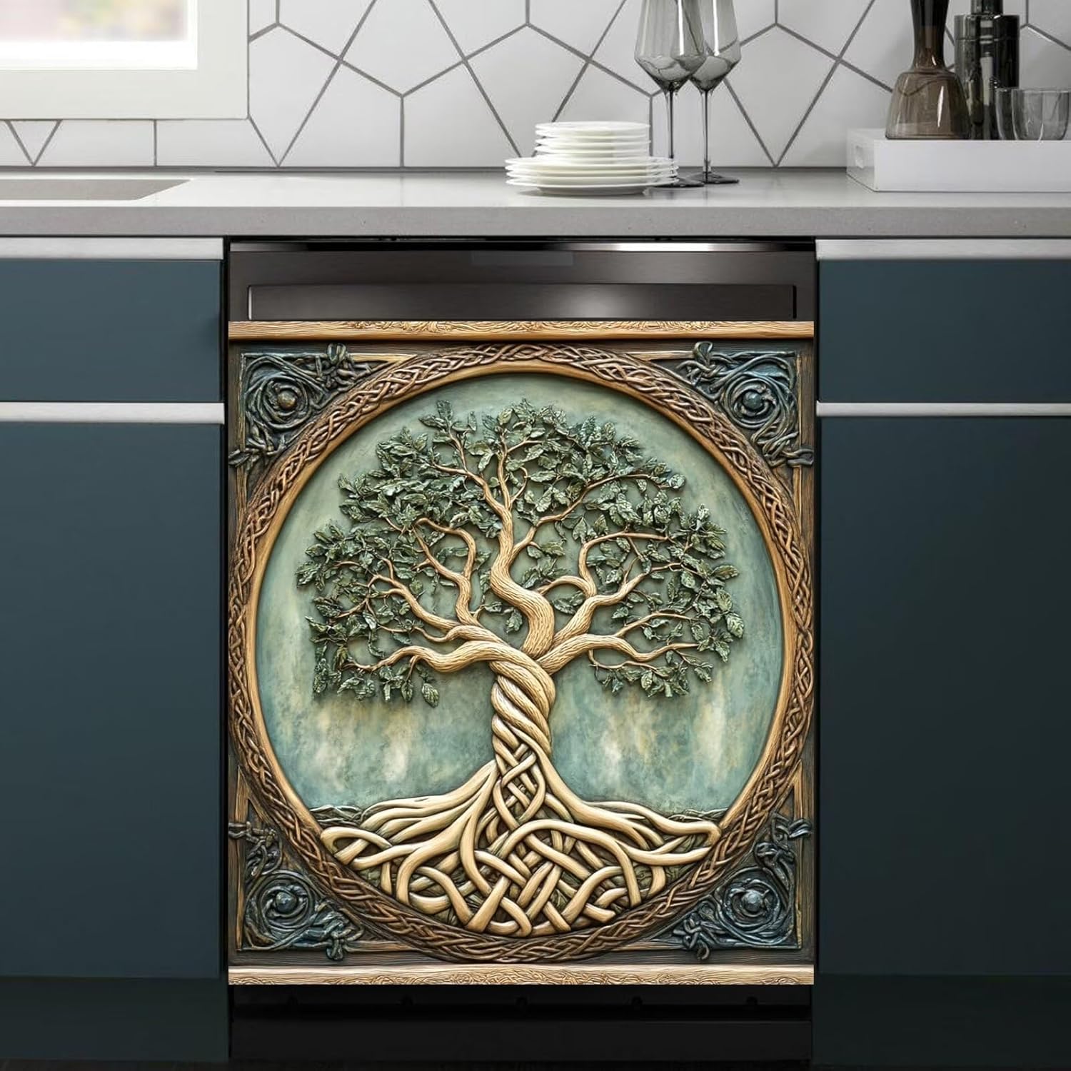 Wood Tree of Life Dishwasher Magnet Cover Panel Decal, 3D Wood Carving Tree of Life Vinyl Dishwasher Magnet Sticker, Tree of Life Magnet Refrigerator Decal (23" x 26" Magnetic)
