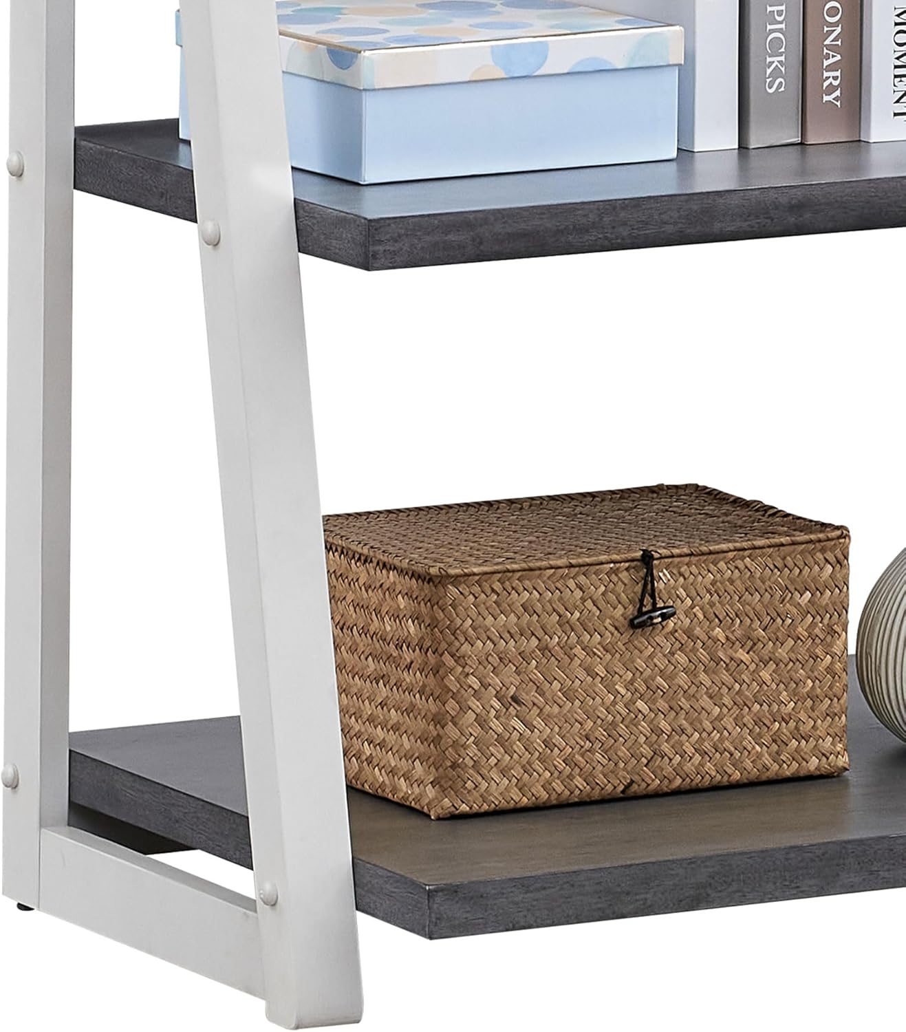 5-Tier Shelves,Bookshelf, Storage Rack, Bookcase with Rubber Wood Frame, Ladder Shelf for Living Room, Home Office, Kitchen, Bedroom, Apartment,Grey+White