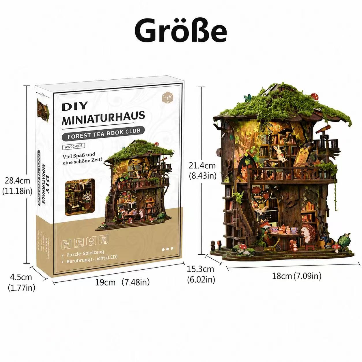 DIY Miniature House Kit, Forest Tea Book Club Fantasy Fairy Forest 3D Wooden Dollhouse with LED Light, Wooden Puzzle Building Model Kit, Stress Relief Creative Craft Gift for Adults Teens
