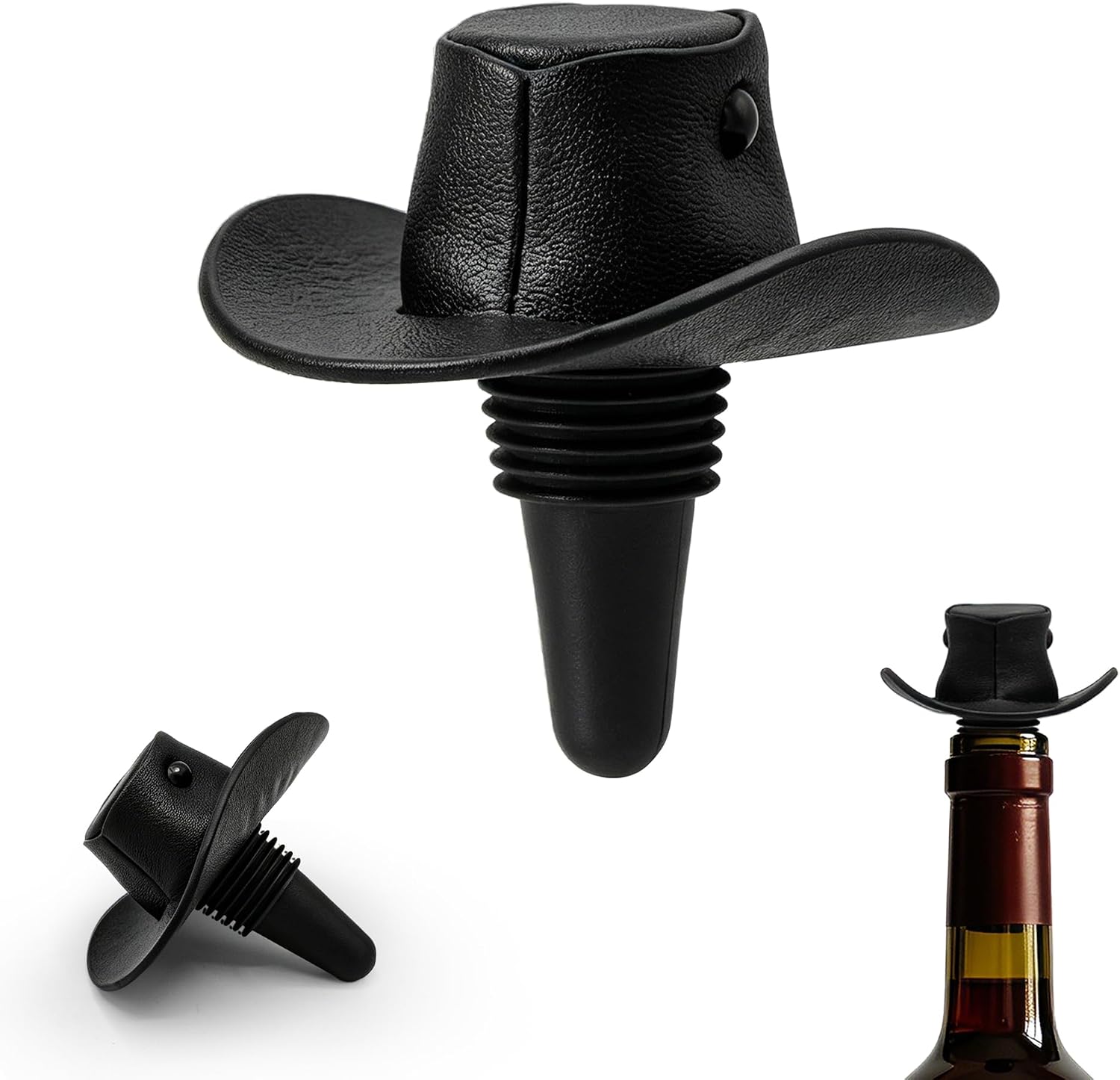 Leather Cowboy Hat Wine Stopper – Western-Themed Silicone Bottle Stopper for Standard Wine Bottles – Rustic Bar Accessory