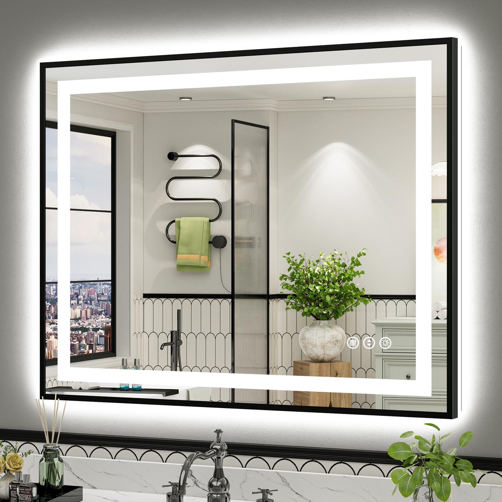 44x36 Inch LED Bathroom Mirror with Black Frame, Backlit &amp; Front Lit