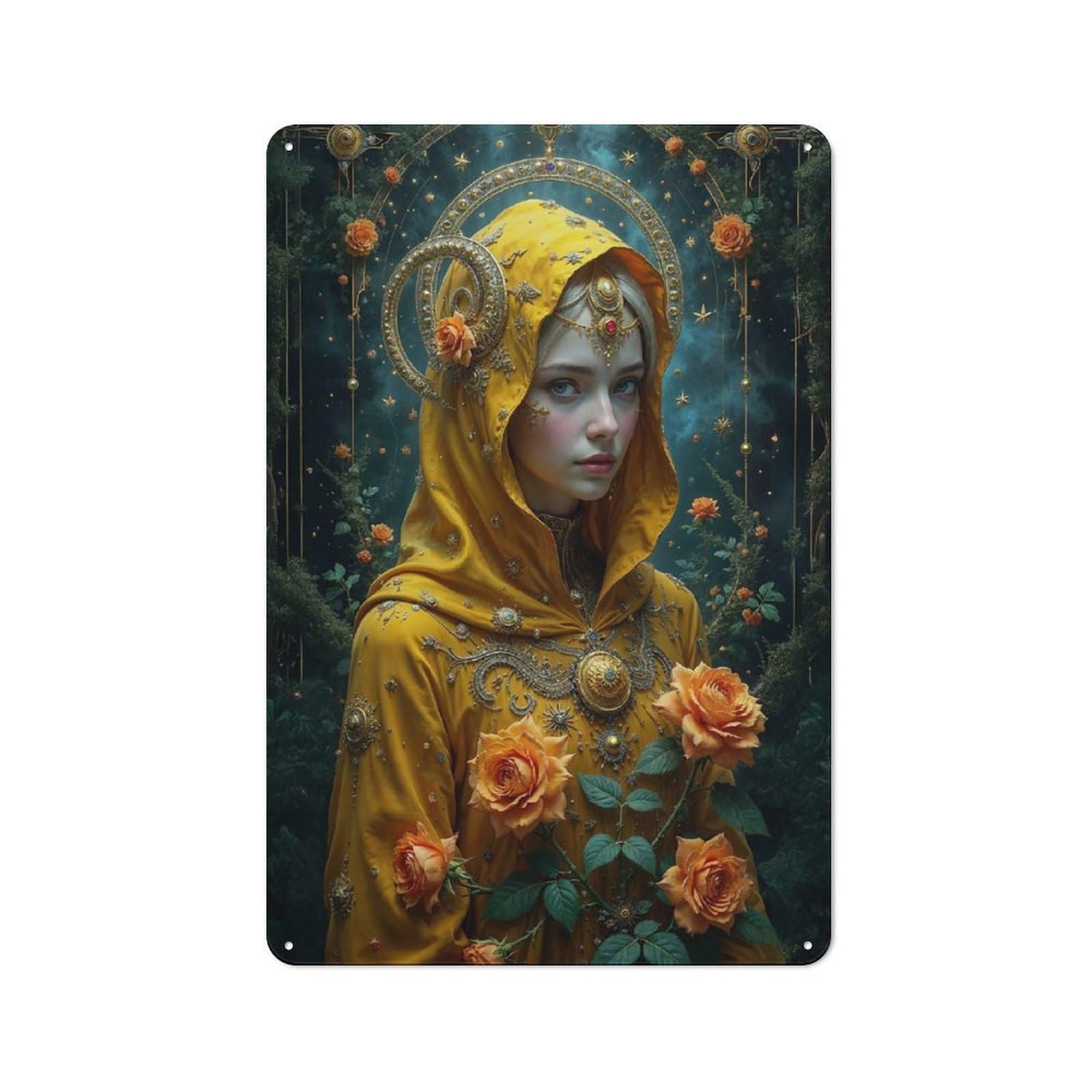 Golden Celestial Woman Country Metal Wall Decor 30x20cm, Tin Wall Plaque for Cottage, Kitchen, Hallway Or Breakfast Nook
