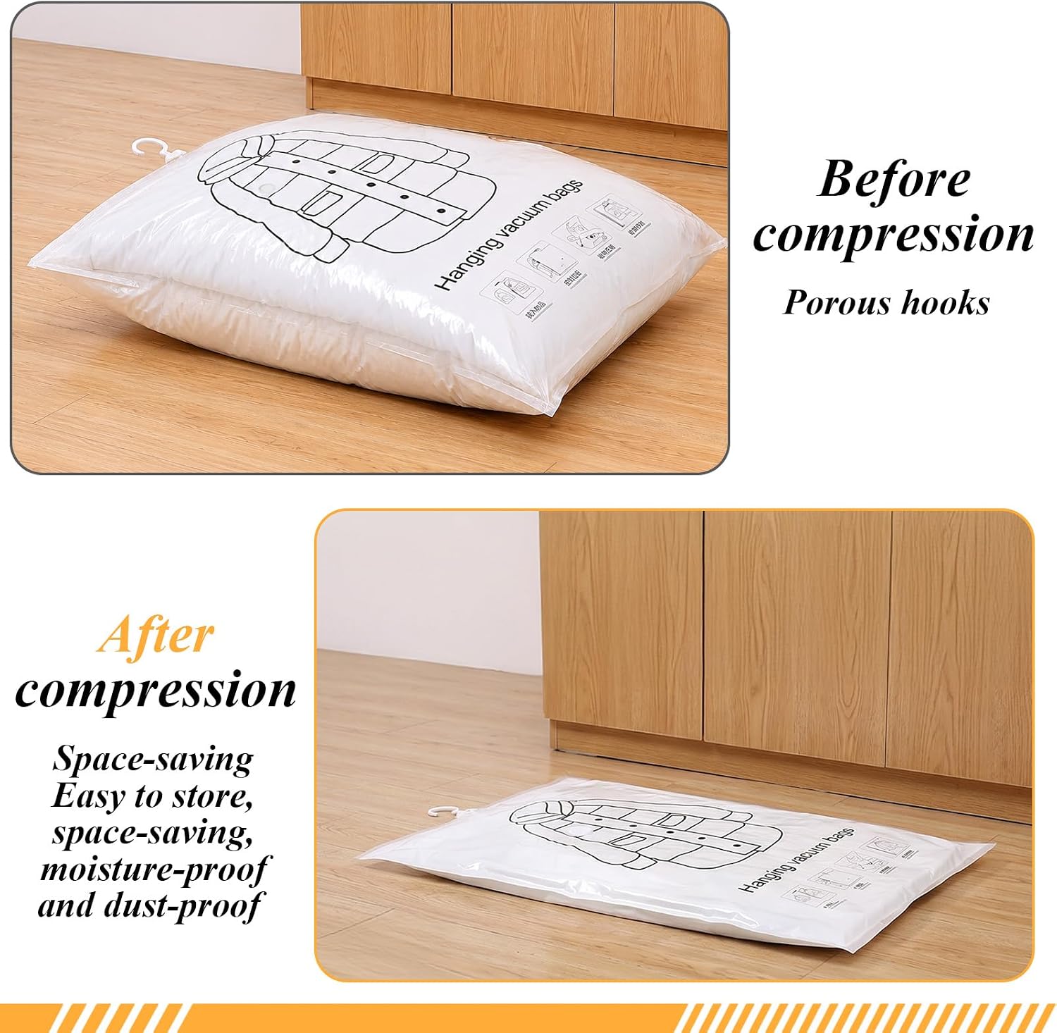 6 Pack Hanging Vacuum Storage Bags for Clothes,43 x 27 inch Reusable Vacuum | Garment Seal Bag,Space Saver Bags,Dustproof Extra Large XXL for Clothing Travel Suits, Coat,Jackets, Dresses, Jackets (Clear)