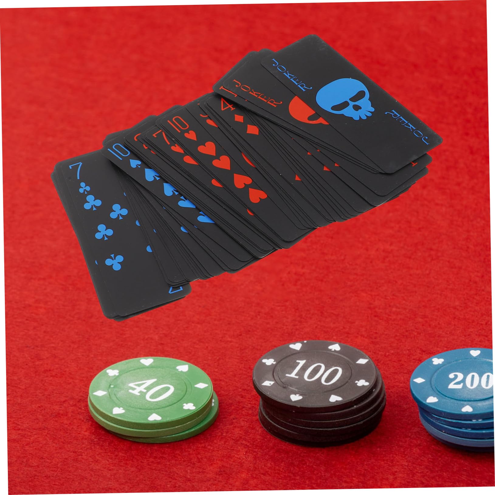 Hemobllo Wasserdichtes PVC Pokerkartenspiel Schwarz Mattes Kunststoff Deck mit Rot Blauen Schädelmotiven Strapazierfähige Spielkarten für Erwachsene Party Spiele und Outdoor Nutzung